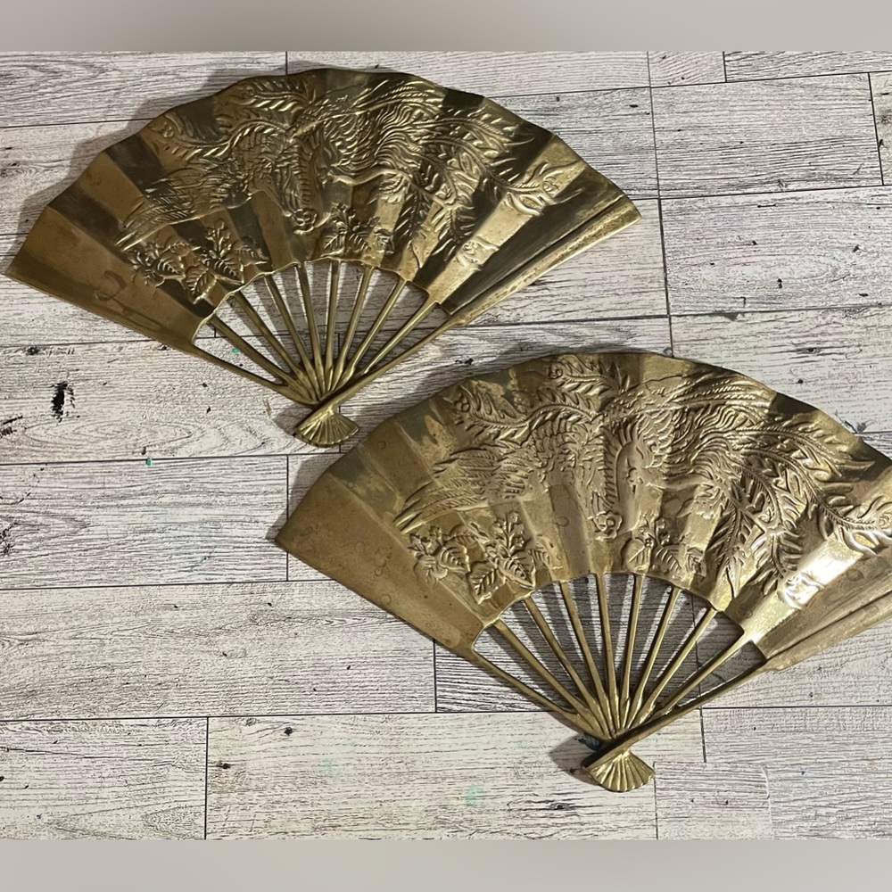Pair of Vintage Mid-Century Brass Fans.  Wall Decor.  Phoenix/Dragon Asian